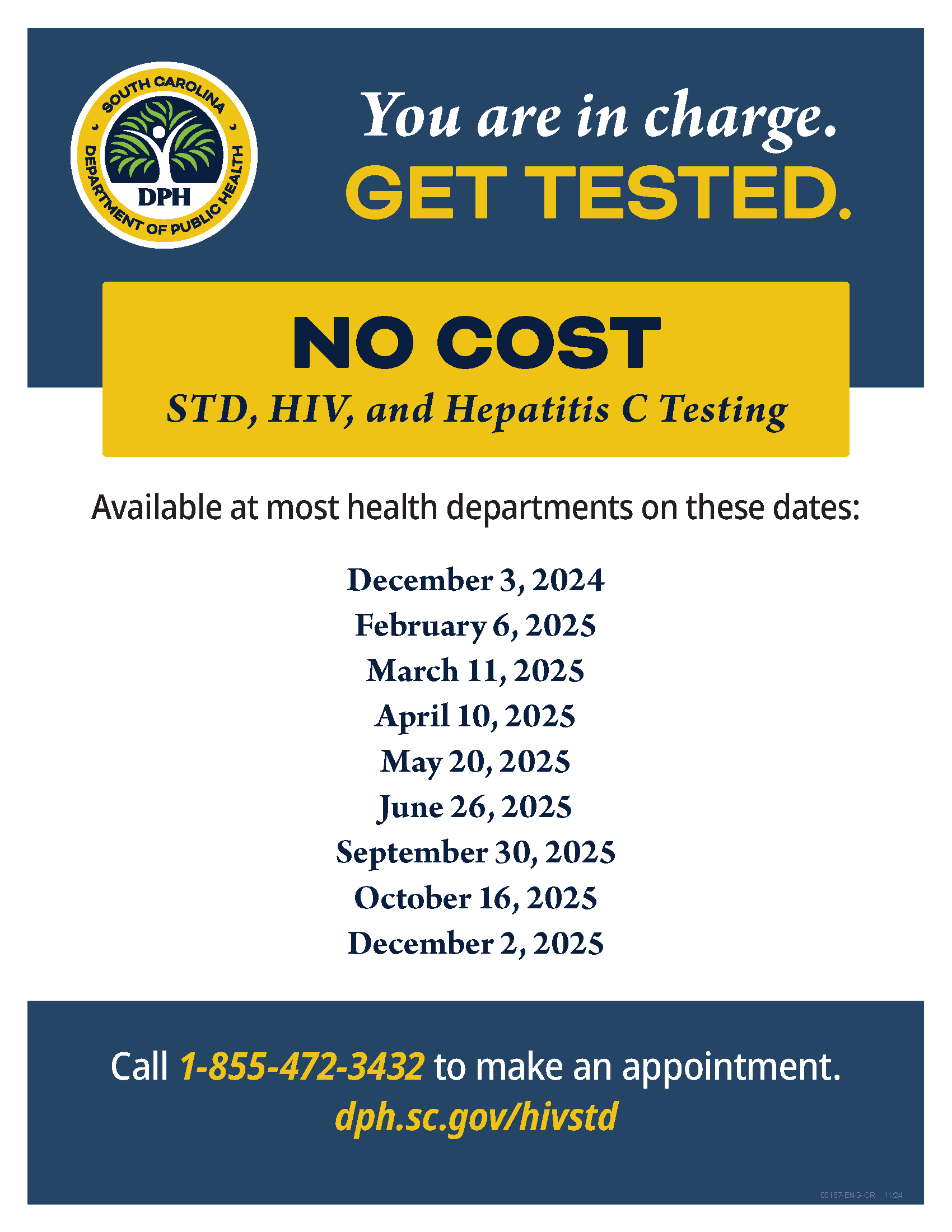 File describing the dates and times for DPH testing. Call 1-855-472-3432 for more information.