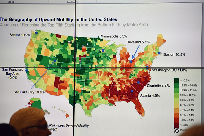 "If we want to change America, we're going to have to change the South. If we want to change the South, we're going to have to change South Carolina," SC Community Loan Fund CEO Michelle Mapp says as she shares a slide on the geography of upward mobility in the U.S. at Healthy Tri-County's Conversation on Race and Health Equity.
