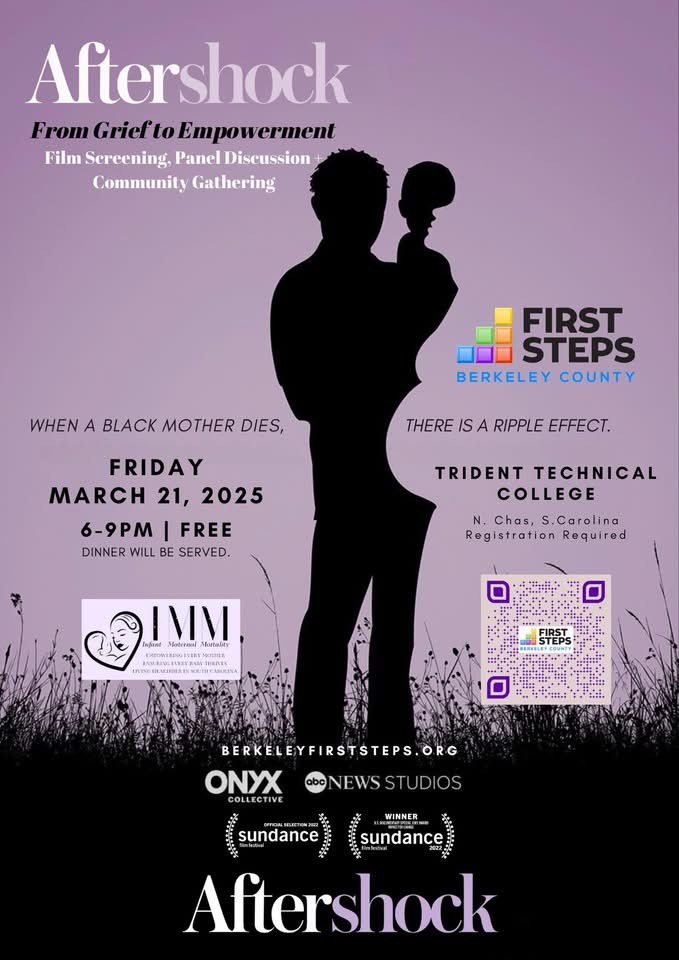 Aftershock: From Grief to Empowerment Film poster. Screened Friday March 21st from 6-9pm at Trident Technical College. Registration link to follow