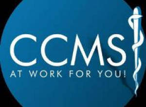 CCMS, also known as Charleston County Medical Society at work for you! logo with the caduceus- a popular symbol of medicine, consisting of a staff with two snakes wrapped around it