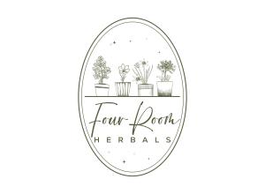 Four Room Herbals logo, potted plants on a shelf